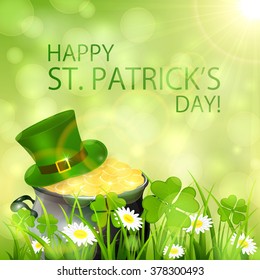 Sunny Patrick's Day background with clover and cauldron of gold leprechaun, illustration.