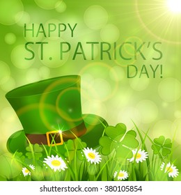 Sunny Patrick's Day background with clover and hat of leprechaun, illustration.