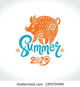 Sunny Pig. Two color vector logo Summer 2019. Stylish seasonal pattern.