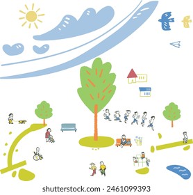 It is a sunny and pleasant park with a large number of people enjoying Illustration
