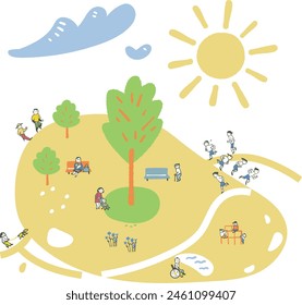 It is a sunny and pleasant park with a large number of people enjoying Illustration
