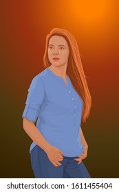 Sunny portrait of a young woman. Beautiful girl in a blue shirt at sunset. Vector illustration