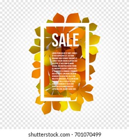 Sunny poster, colorful chestnut leaves background in rectangular white frame with promo info about autumn season discount or other marketing promotion. Vector illustration.
