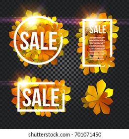 Sunny poster with glowing bright flash, colorful chestnut leaves background in rectangular white frame with promo info about autumn season discount or other marketing promotion. Vector illustration