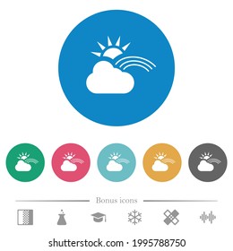 Sunny and rainbow weather flat white icons on round color backgrounds. 6 bonus icons included.