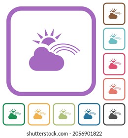 Sunny and rainbow weather simple icons in color rounded square frames on white background