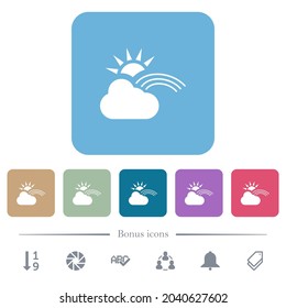 Sunny and rainbow weather white flat icons on color rounded square backgrounds. 6 bonus icons included