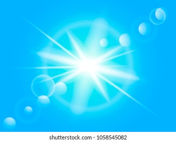 Sunny rays on blue sky background. Vector illustration.