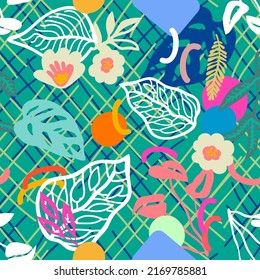 Sunny retro garden. Abstract seamless pattern with leaves and flowers.