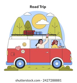 Sunny Road Trip Adventure. Friends embark on a joyful journey in a vintage van, exploring the countryside under a bright sun. The spirit of summer travel. Flat vector illustration.