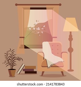 Sunny room composition. Window with sakura blossom, comfortable chair, flower pot, books, floor lamp. Sun light in the room. Cosy design interior. Sunset colours