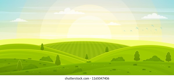 Sunny rural landscape with hills and fields at dawn. Summer green hills, meadows and fields, blue sky with white clouds.