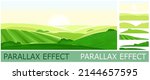 Sunny rural landscape. Image from layers for overlay with parallax effect. Green grassy hills, farm fields, meadows and pastures. Bright summer sun, controside panorama. Vector.