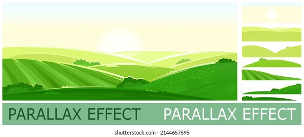 Sunny rural landscape. Image from layers for overlay with parallax effect. Green grassy hills, farm fields, meadows and pastures. Bright summer sun, controside panorama. Vector.