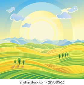 Sunny Rural Landscape With Rolling Hills And Fields.