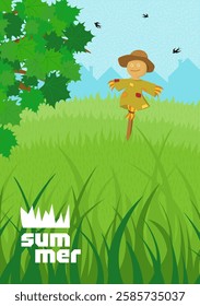 Sunny rural summer landscape with lush green meadow and scarecrow in vast farmland. Bright blue sky enhances the tranquil countryside scene. Art placard with agriculture, nature and outdoor theme