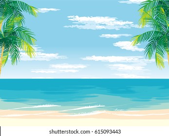 Sunny sandy beach during the day surrounded by tall palm trees and leafs.