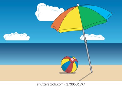Sunny sandy beach umbrella and a boll over sea and sky landscape