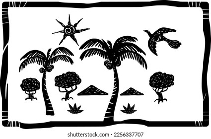 Sunny scenery with coconut trees, trees and mountains. Woodcut style.