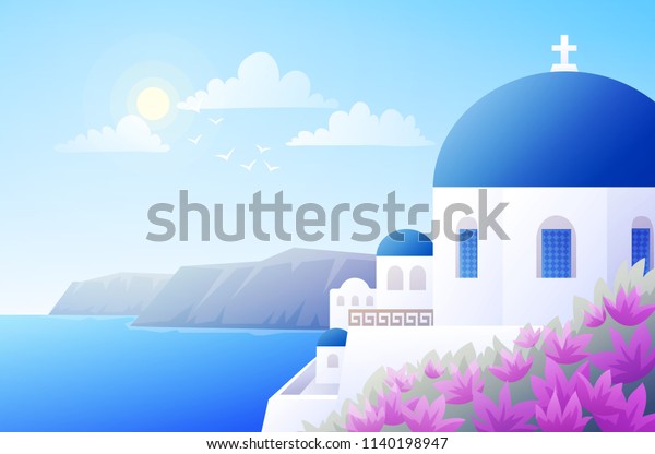 ギリシャのサントリーニ島の晴れた景色 青いドームを持つ伝統的な白い建物 青い空と海の背景 ベクターイラスト のベクター画像素材 ロイヤリティフリー