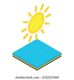 Sonniges Meer Icon isometrische Vektorgrafik. Goldene Sonne am Himmel und immer noch Meer Oberfläche Symbol. Kleiner Sommertag, Jahreszeit, gutes Wetter