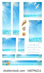 Sunny seascape backgrounds, sea animals and decorative dividers - set of standard vector web banners