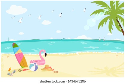 Sunny seascape with sand, palm tree, seagulls, sailings, sea animals and girly summer items. Flat design vector illustration.