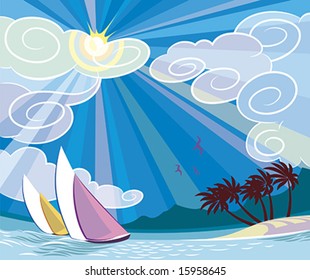 Sunny seascape with yachts, palms and islands.