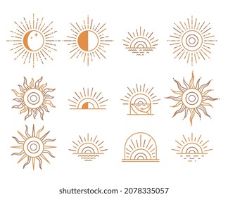 Sunny set golden rays. Geometric linear design sun, symbols for decorations, logos.