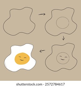 sunny side up egg illustration vector design, steps to draw sunny side up egg, tutorial to draw sunny side up egg for kids