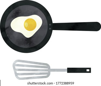 Sunny side up egg on an iron pan, watercolor illustration