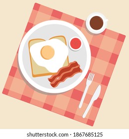 Sunny side up egg served with bacon and bread