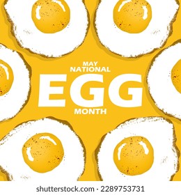 Sunny side up eggs with bold text on a light orange background to celebrate National Egg Month on May