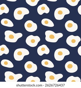 Sunny side up eggs pattern on blue background. Fried eggs seamless pattern. Healthy breakfast pattern for wrapping paper, fabric, cover design