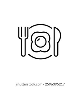 Sunny side up fried egg on plate, knife and fork. Breakfast, classic meal at home or restaurant. Pixel perfect, editable stroke vector icon