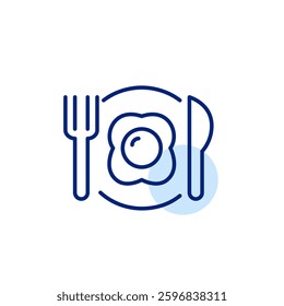Sunny side up fried egg on plate, knife and fork. Breakfast, classic meal at home or restaurant. Pixel perfect, editable stroke vector icon