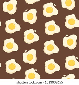 Sunny side up fried eggs. Hand drawn colored vector seamless pattern. Brown background