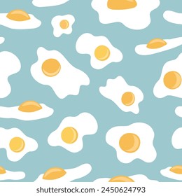 Sunny side up fried eggs on blue green pastel background arranged in vector seamless pattern. Subtle broken eggs shells surface art design for printing or use in graphic design projects.