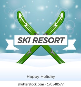Sunny ski resort and happy holiday outside on snow background