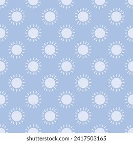 Sunny Skies, a seamless vector pattern with cute hand-drawn suns with rays in light blue on a periwinkle blue background. Simple, playful design perfect for boy’s nursery and kids decor and clothing.