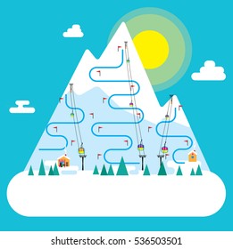 Sunny skiing resort with tracks, tree, houses, cable cars. Suitable for posters, card, web design. Vector illustration.
