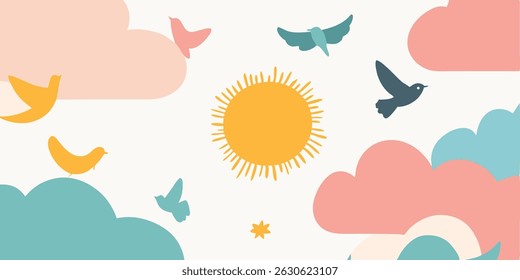 Sunny Sky Art Birds Clouds Sun Illustration Background