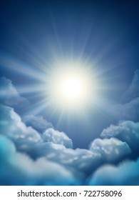 Sunny sky background, decorative wallpaper with shining sun and cloud elements in 3d illustration