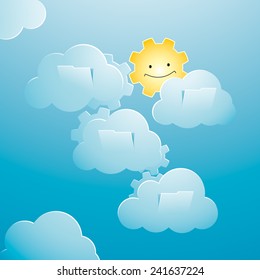 sunny sky background featuring technology elements and a happy sun figure