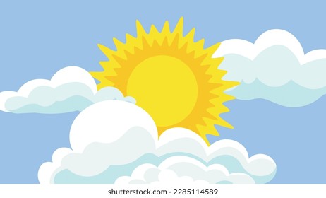 Sunny sky with clouds and sun. Vector illustration in cartoon style.