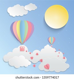 Sunny sky, Colorful balloon and pink heart paper art vector, Vector design