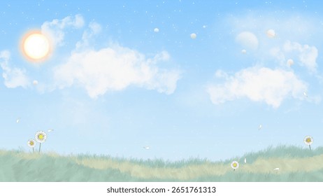 Sunny sky with fluffy clouds, green meadow and white daisies, gentle petals floating in breeze, peaceful nature landscape, dreamy spring or summer illustration.