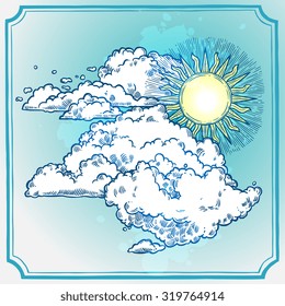 Sunny sky frame with retro style sketch sun and clouds vector illustration
