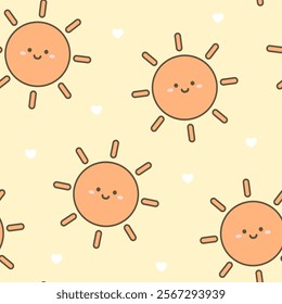 sunny smile face cartoon character yellow orange seamless pattern 