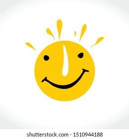 Sunny Smile. Freehand drawn face smile on a yellow circle. Vector icon.
